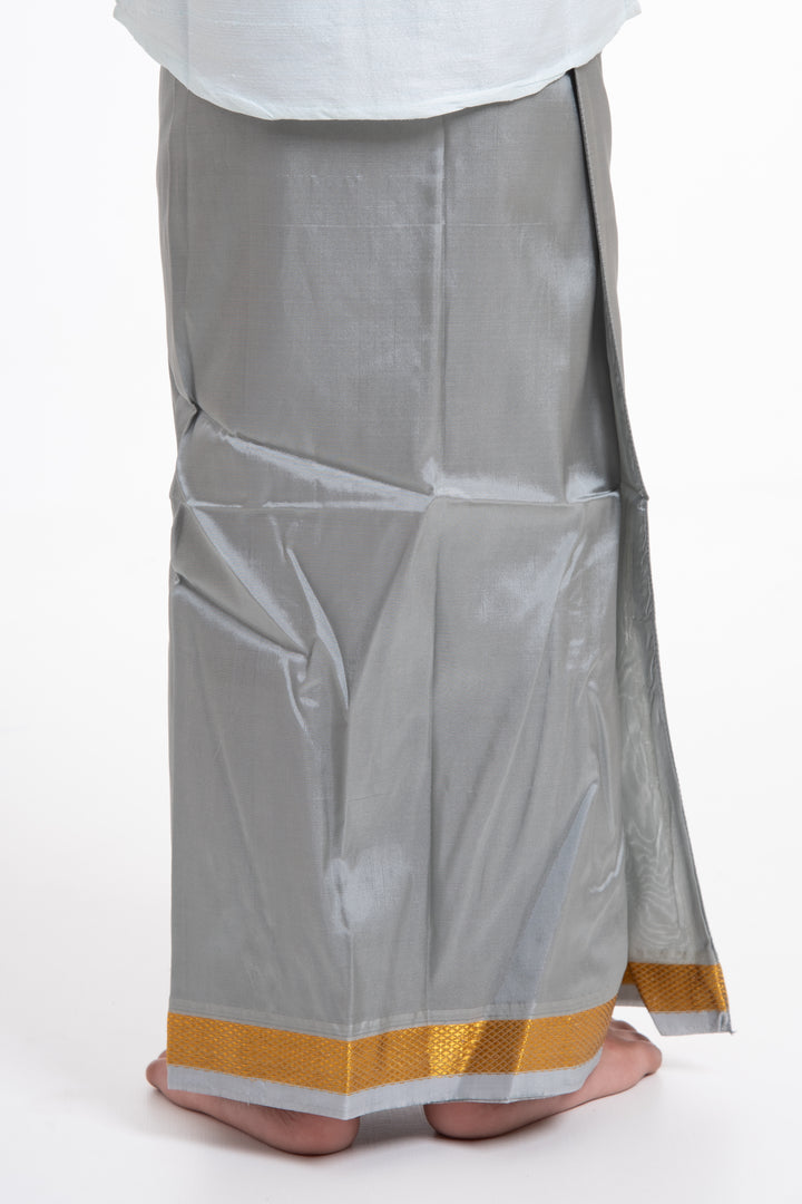 Boys Traditional Grey Silk Dhoti with Golden Accents