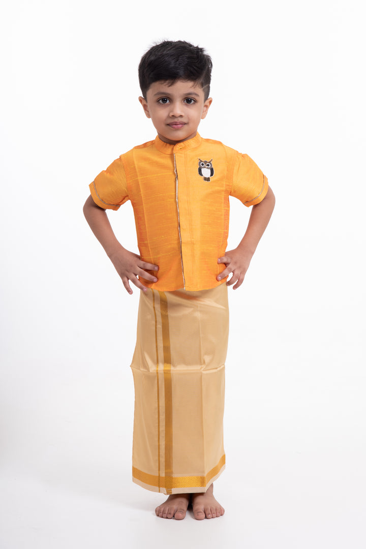 Boys Classic Beige Silk Dhoti with Golden Detailing