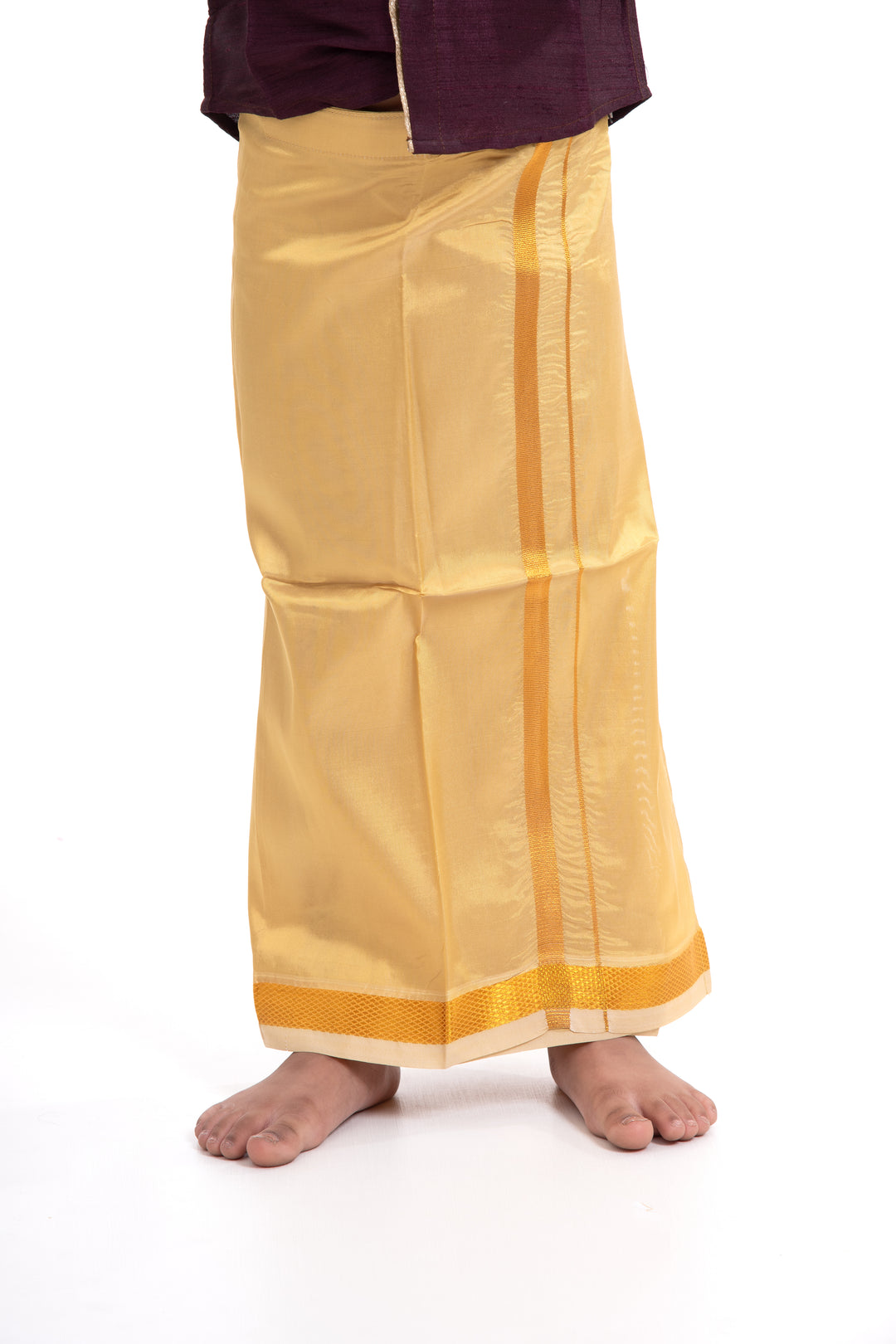 Boys Traditional Golden-Yellow Silk Dhoti with Elegant Stripes