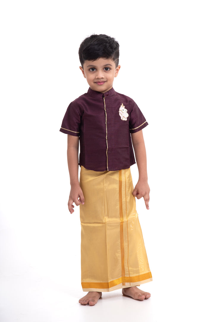 Boys Traditional Golden-Yellow Silk Dhoti with Elegant Stripes