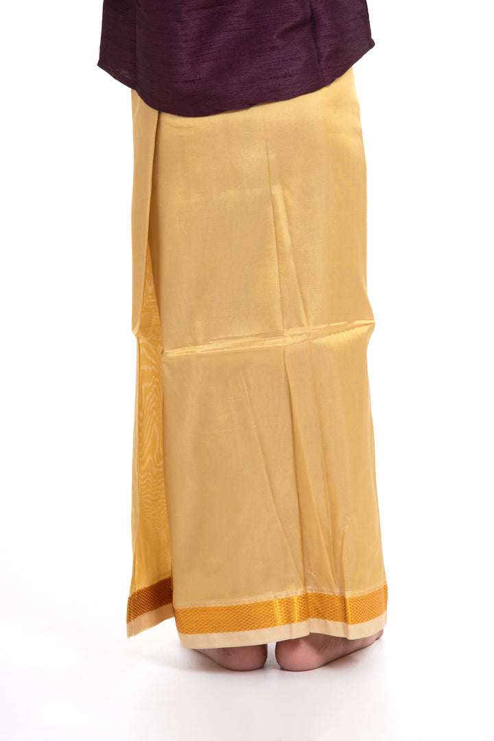 Boys Traditional Golden-Yellow Silk Dhoti with Elegant Stripes