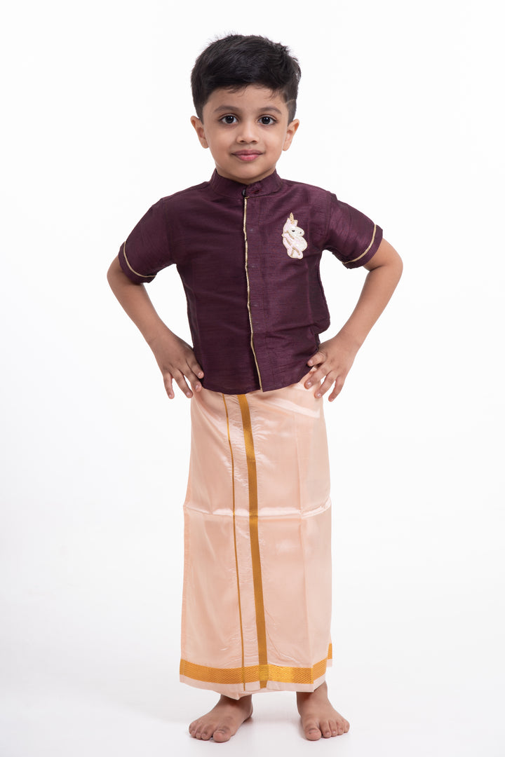 Boys Soft Silk Dhoti in Delicate Pink with Golden Trim