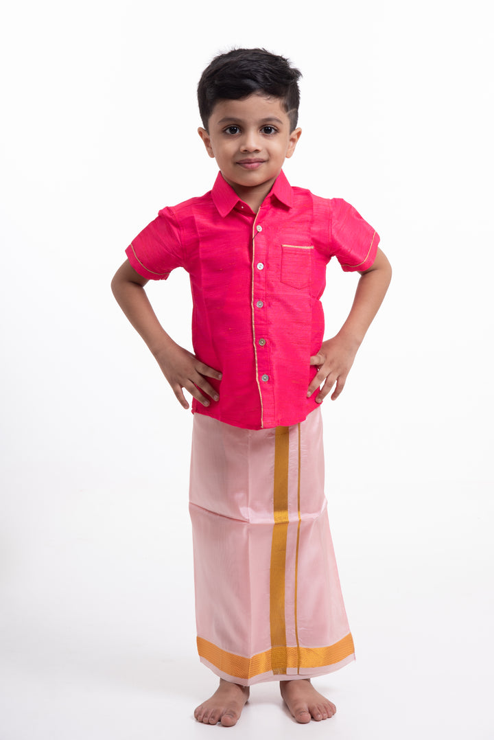 Boys Elegant Silk Dhoti in Soft Pink with Golden Detailing