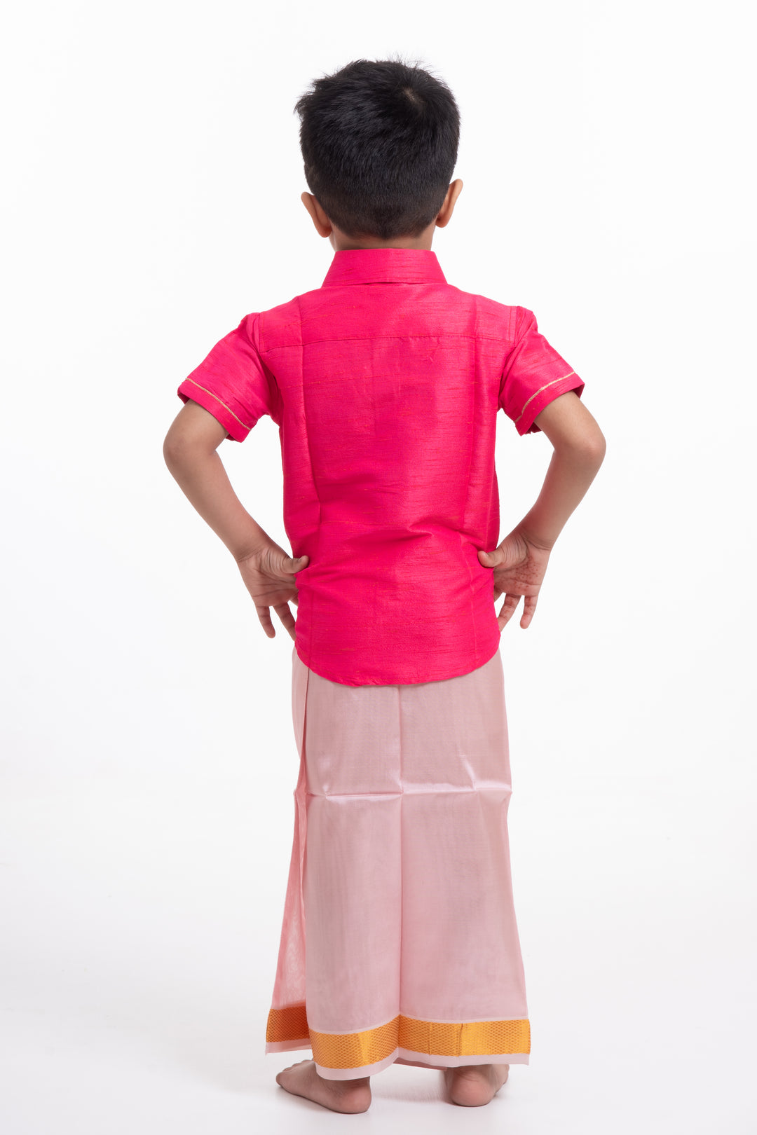 Boys Elegant Silk Dhoti in Soft Pink with Golden Detailing