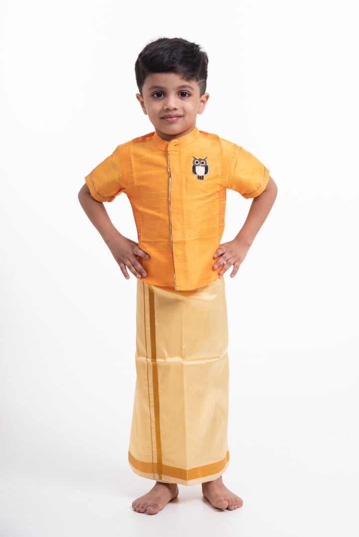 Traditional Golden Silk Dhoti for Boys with Elegant Border Detailing