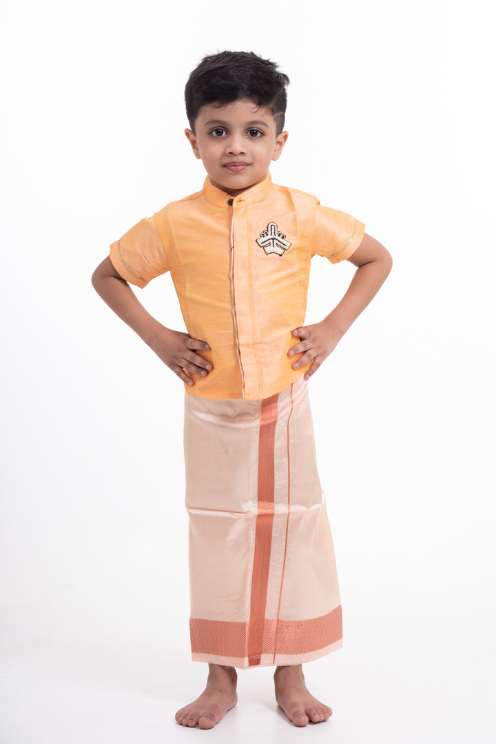 Boys Readymade Silk Dhoti in Beige with Copper Stripes for Special Occasions