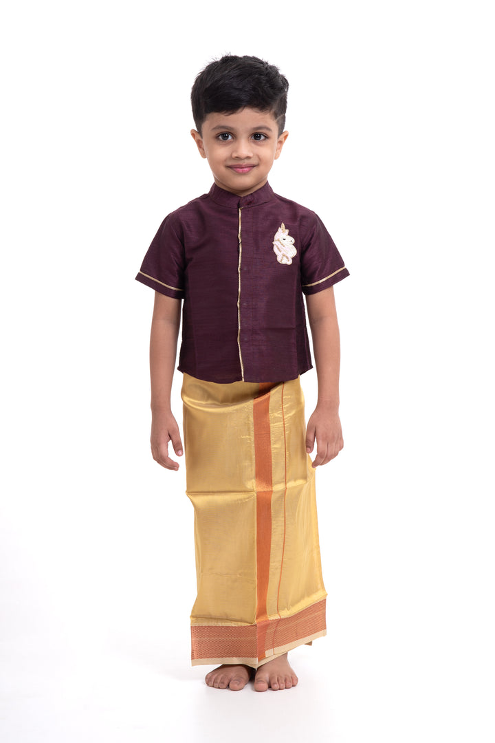 Classic Greenish Gold Boys Dhoti with Rustic Maroon Trim