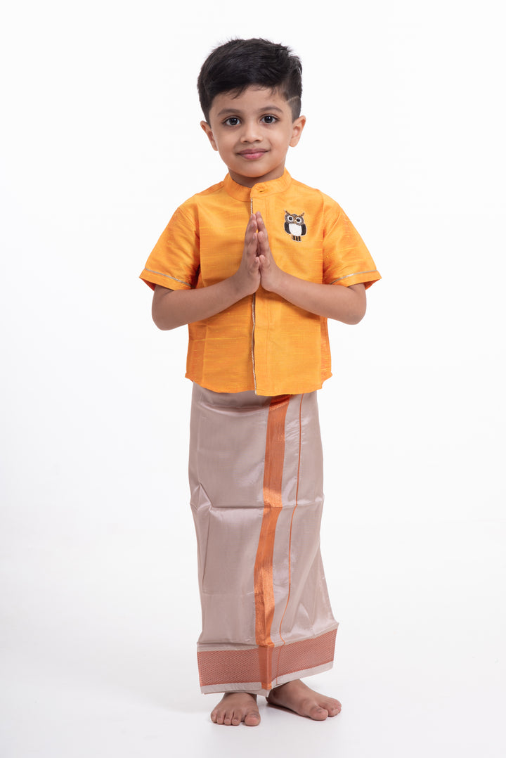 Sophisticated Beige Silk Blend Boys Dhoti with Copper Accents