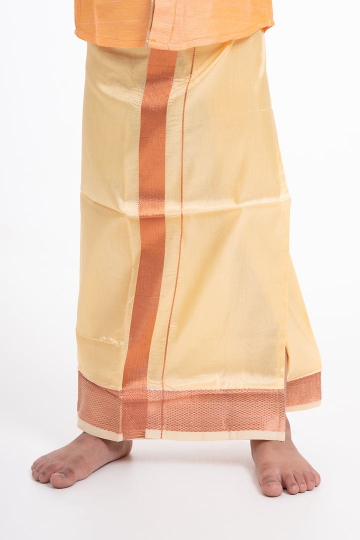 Traditional Golden Yellow Boys Dhoti with Elegant Orange Detailing