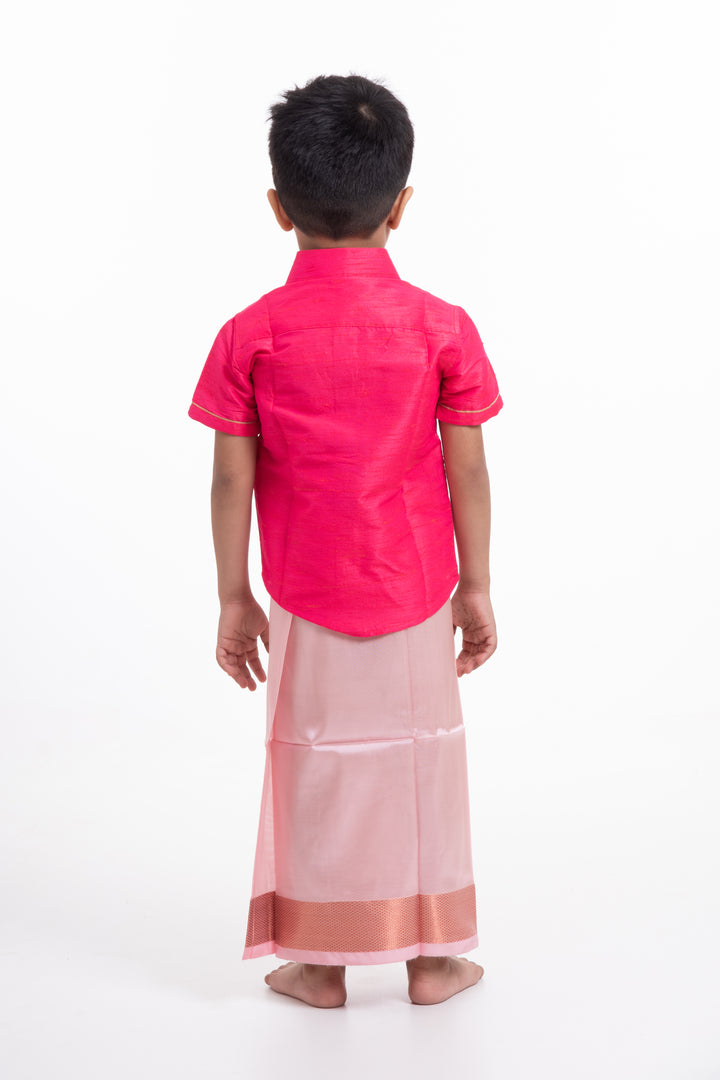 Elegant Peach Silk Blend Boys Dhoti with Copper Geometric Borders