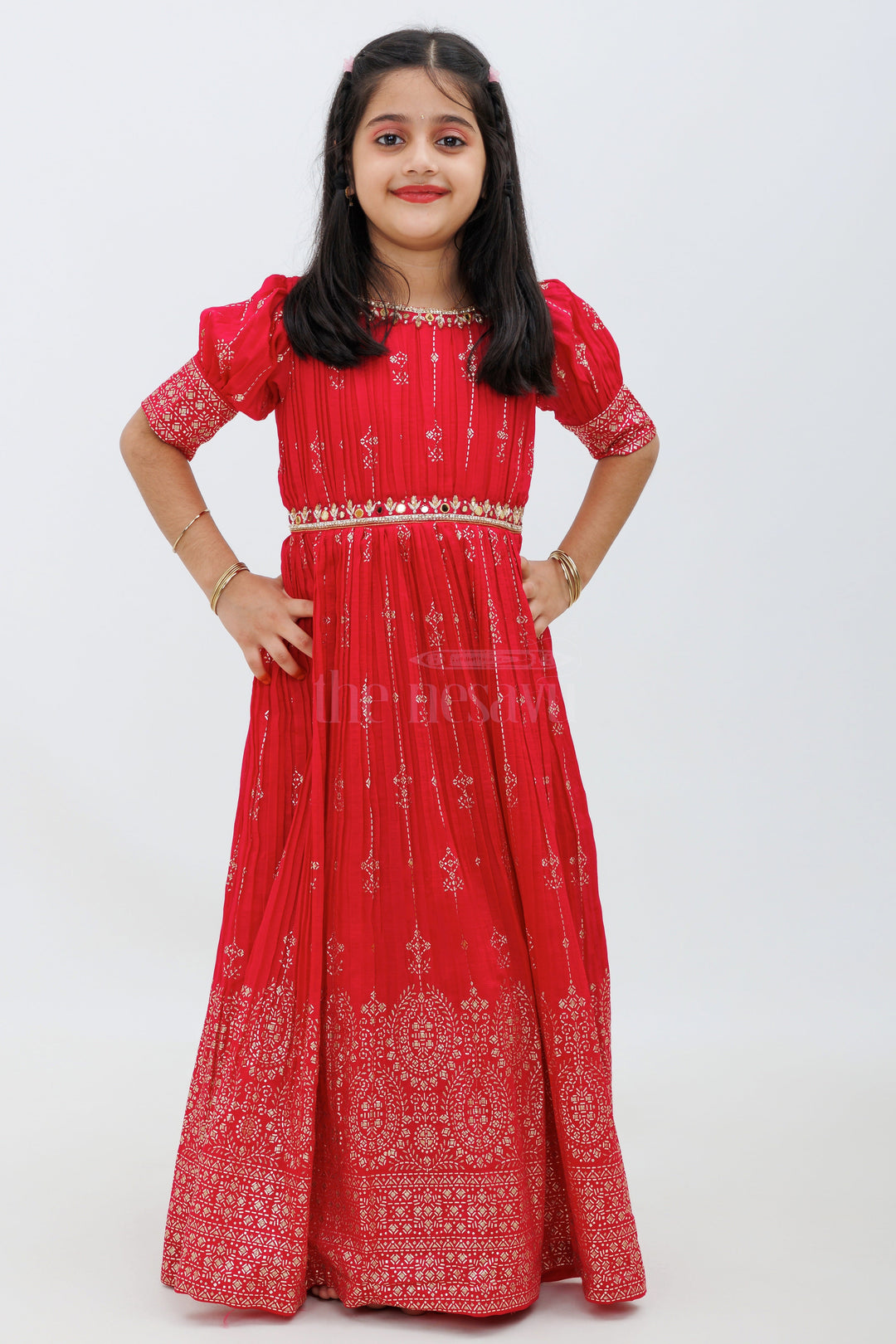 Red Bamboo Silk Gown with Puff Sleeves and Embroidered Waistline