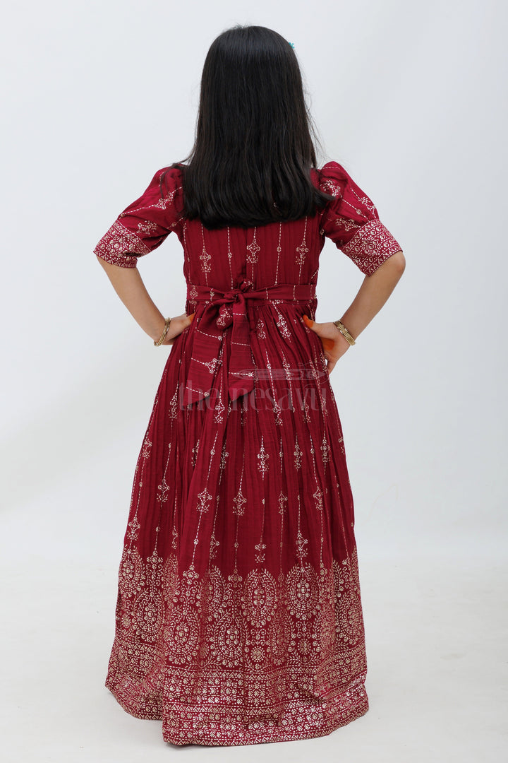 Magenta Bamboo Silk Gown with Puff Sleeves and AllOver Foil Prints