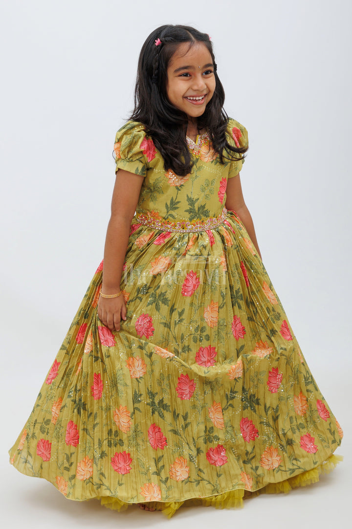 Green Chinon Print Long Gown with Floral Design