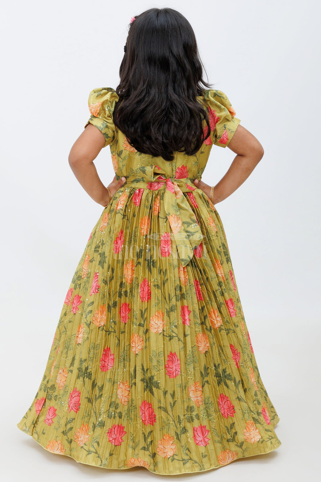 Green Chinon Print Long Gown with Floral Design