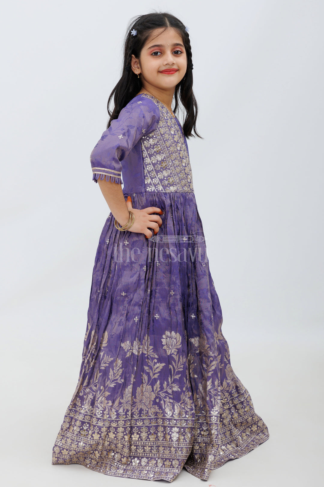 Purple Shimmer Viscose Silk Party Gown for Girls