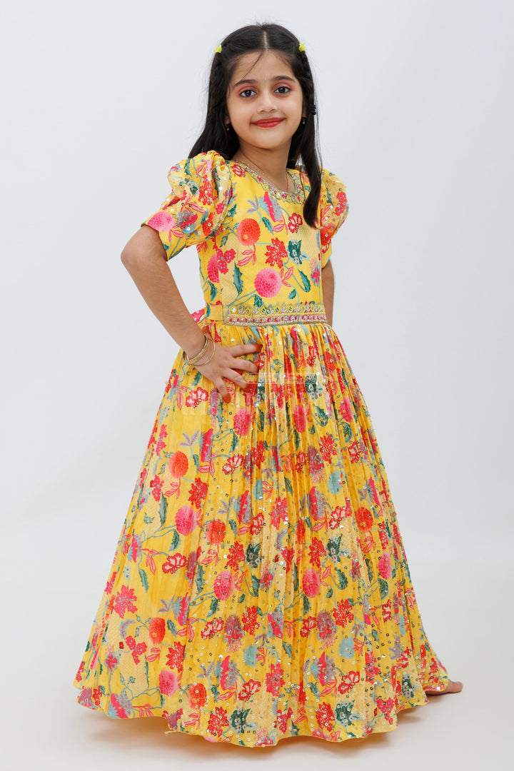 Yellow Blend Chinon Silk Gown with Floral Print and Embroidery