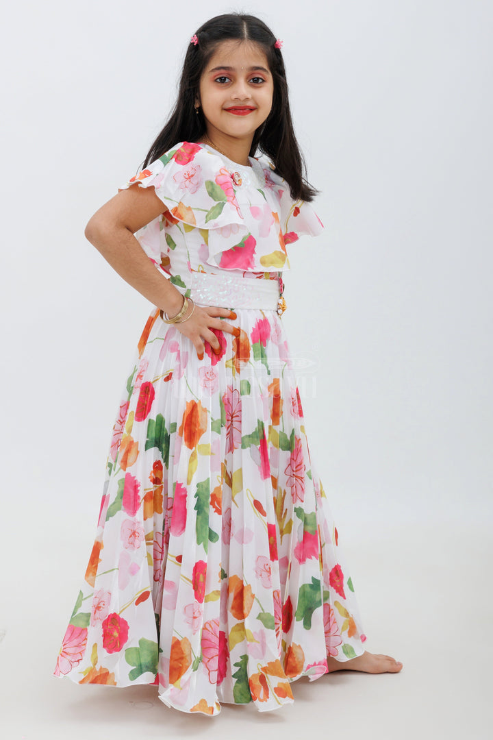 Cream Glaze Organza Print Gown for Girls