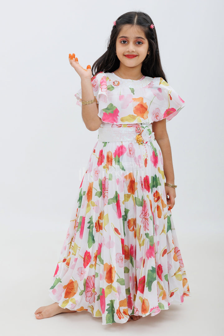 Cream Glaze Organza Print Gown for Girls