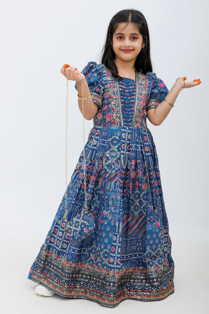 Indigo Blue Ajrak Print Chinon Party Gown for Girls