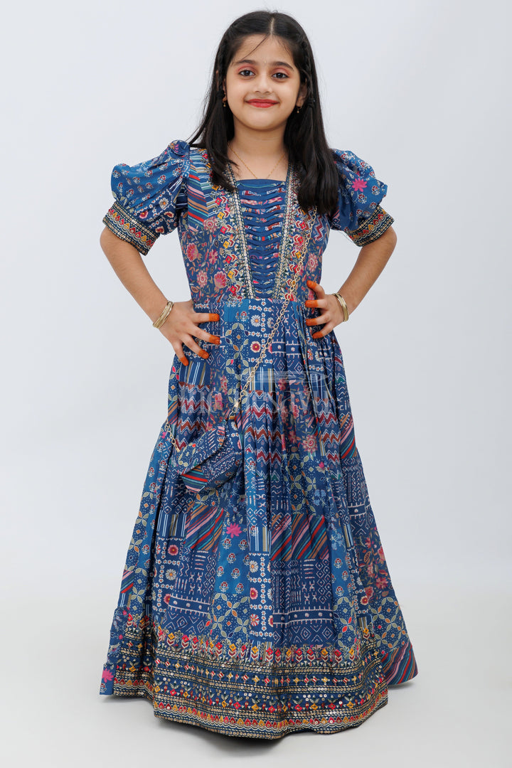 Indigo Blue Ajrak Print Chinon Party Gown for Girls