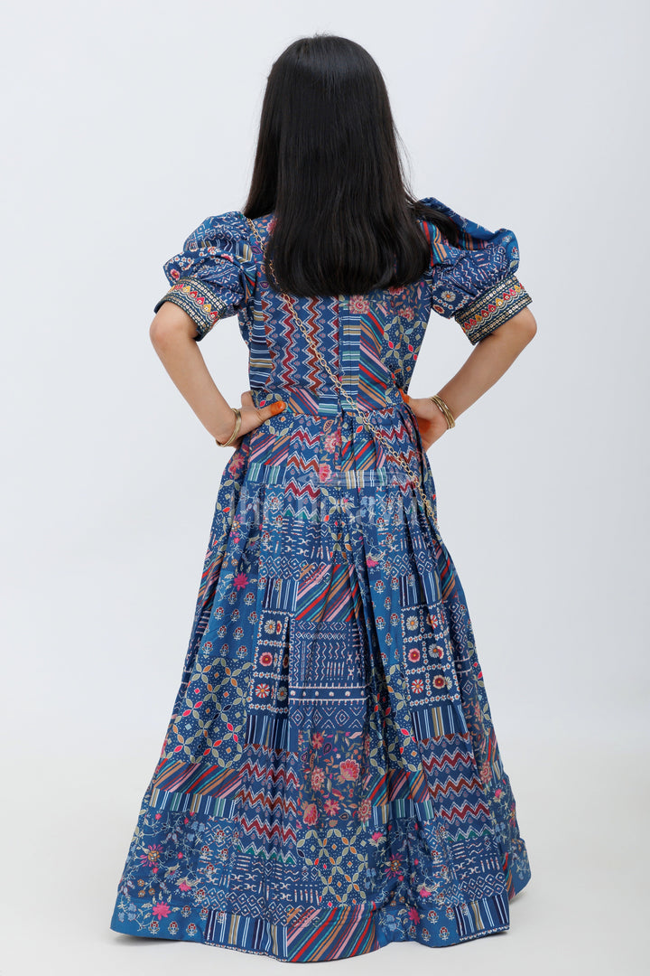 Indigo Blue Ajrak Print Chinon Party Gown for Girls