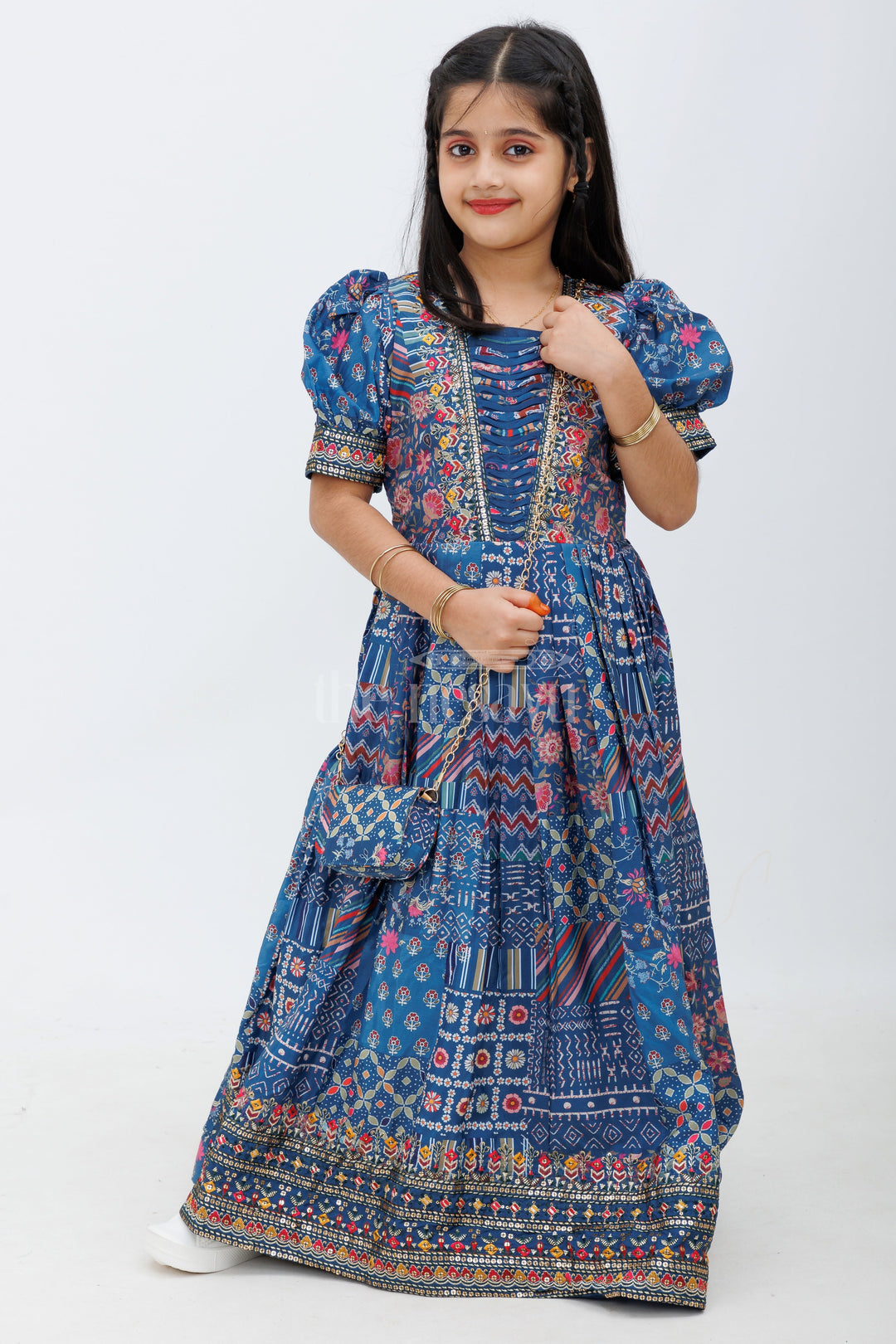 Indigo Blue Ajrak Print Chinon Party Gown for Girls