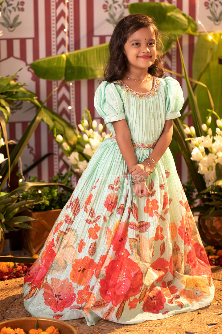 Cream Designer Floral Print Party Gown with Pleated Fabric for Girls