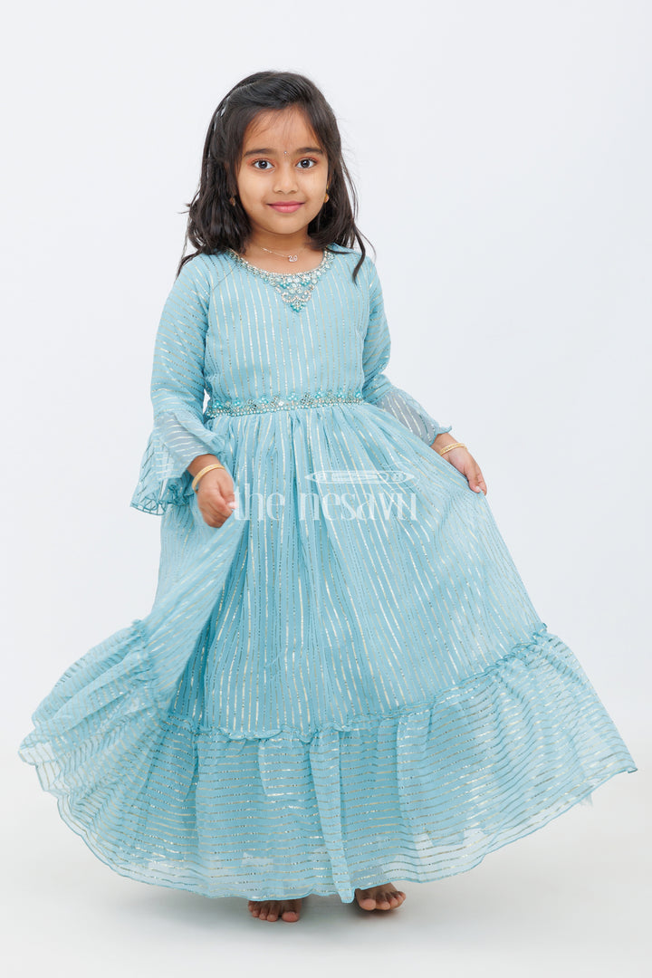 Girls Teal Party Gown with Shimmering Metallic Stripes and Full Flared Silhouette