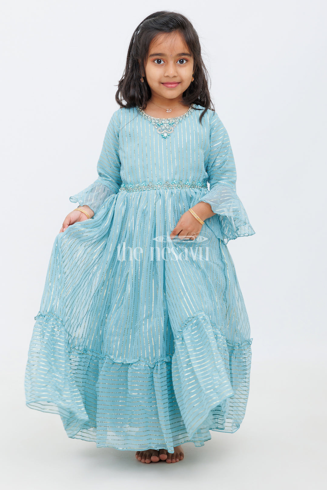 Girls Teal Party Gown with Shimmering Metallic Stripes and Full Flared Silhouette