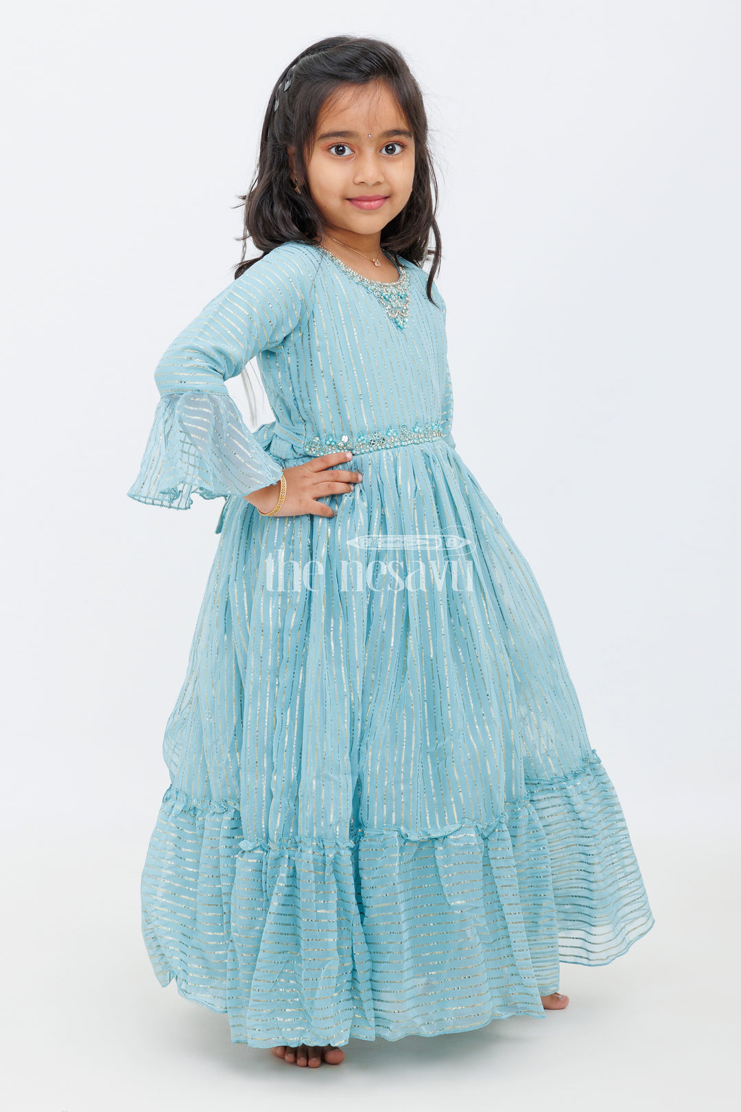 Girls Teal Party Gown with Shimmering Metallic Stripes and Full Flared Silhouette