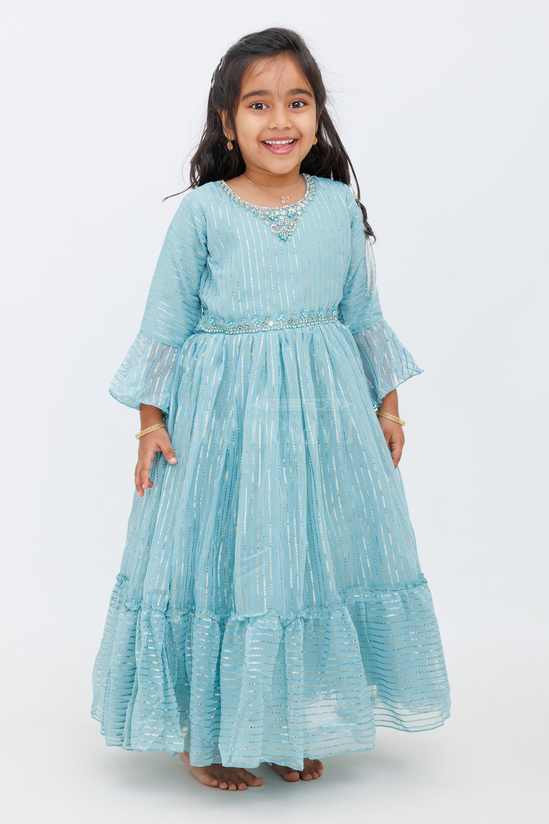 Girls Teal Party Gown with Shimmering Metallic Stripes and Full Flared Silhouette