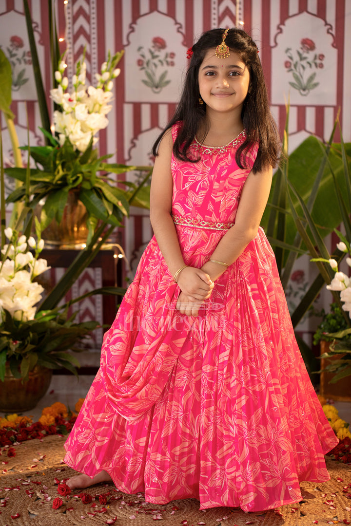 Girls Red Printed Party Gown with Embellished Neckline and Flared Skirt for Weddings and Celebrations