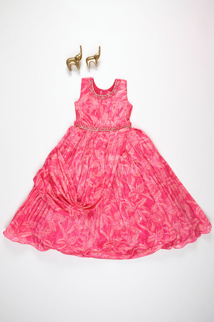 Girls Red Printed Party Gown with Embellished Neckline and Flared Skirt for Weddings and Celebrations