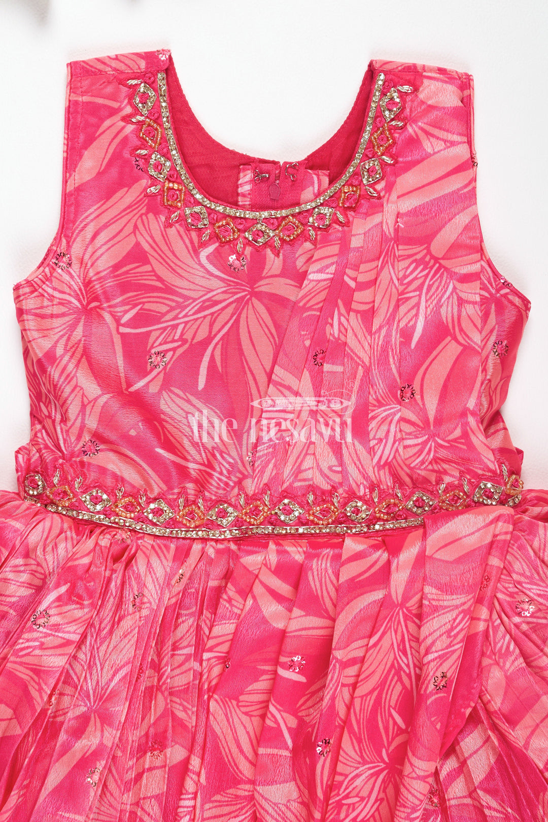 Girls Red Printed Party Gown with Embellished Neckline and Flared Skirt for Weddings and Celebrations