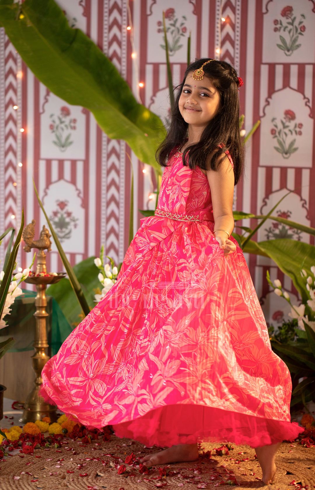 Girls Red Printed Party Gown with Embellished Neckline and Flared Skirt for Weddings and Celebrations