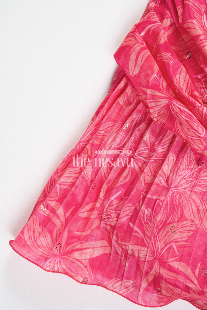 Girls Red Printed Party Gown with Embellished Neckline and Flared Skirt for Weddings and Celebrations