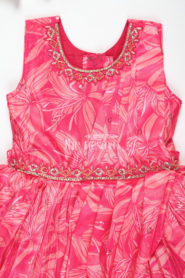 Girls Red Printed Party Gown with Embellished Neckline and Flared Skirt for Weddings and Celebrations