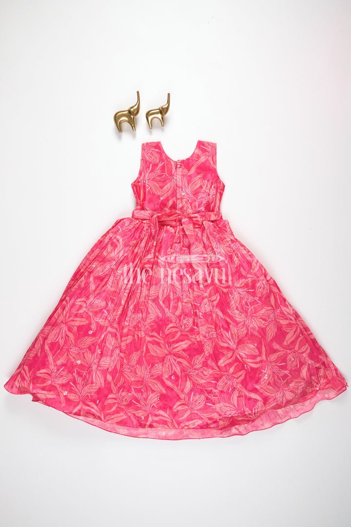 Girls Red Printed Party Gown with Embellished Neckline and Flared Skirt for Weddings and Celebrations