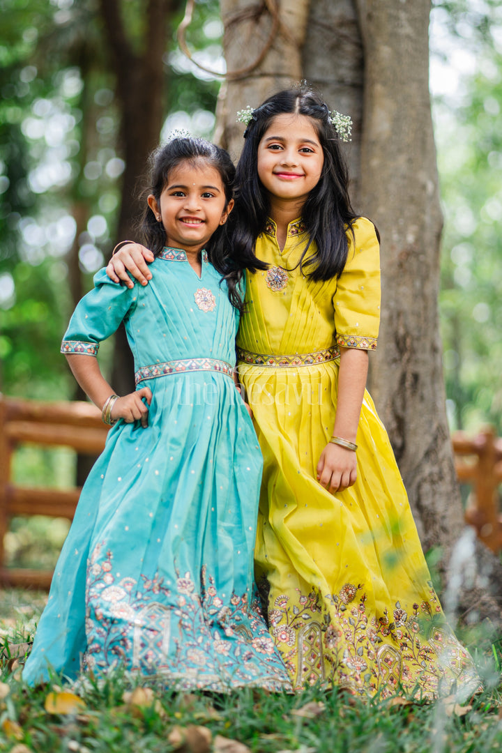 Girls Teal Party Gown with Intricate Embroidery and Floral Borders for Special Occasions