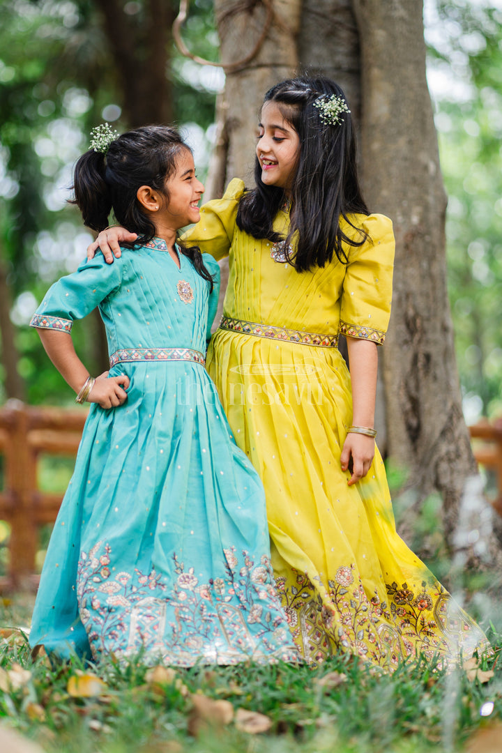 Girls Party Gown in Mustard Tissue Silk with Puff Sleeves and Floral Embroidery