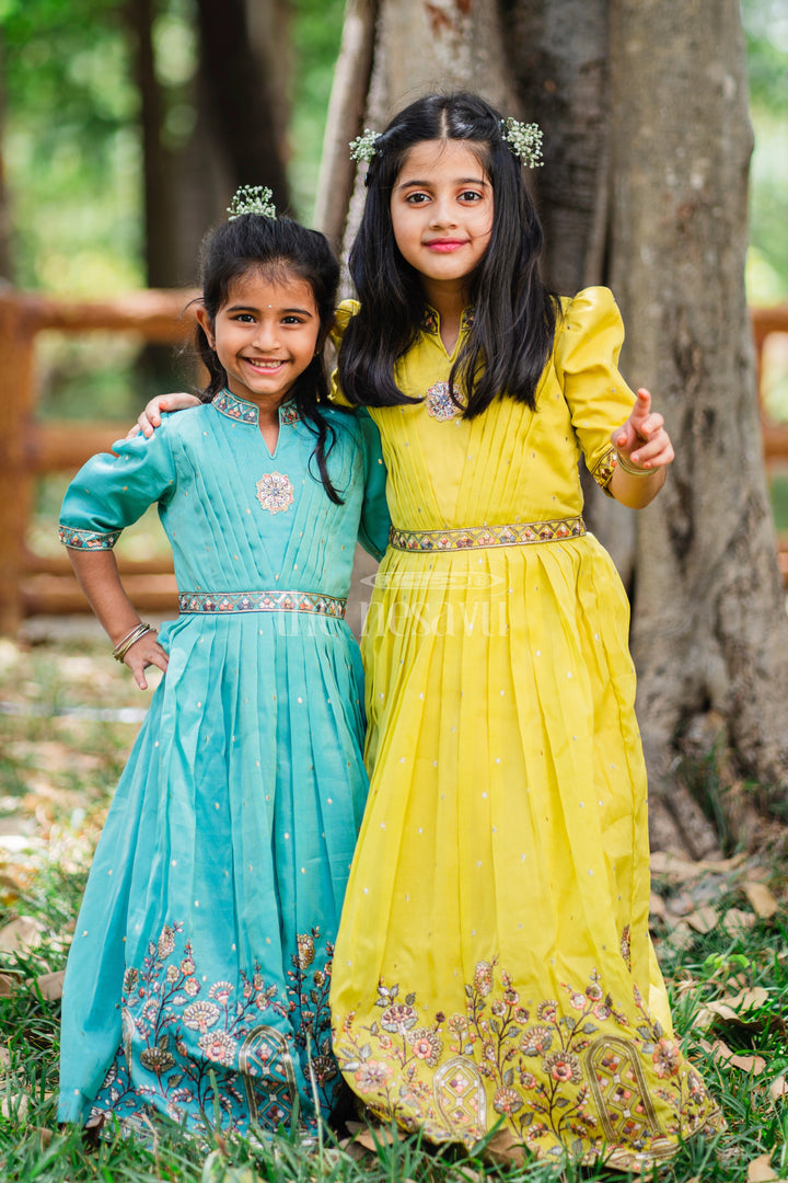 Girls Teal Party Gown with Intricate Embroidery and Floral Borders for Special Occasions