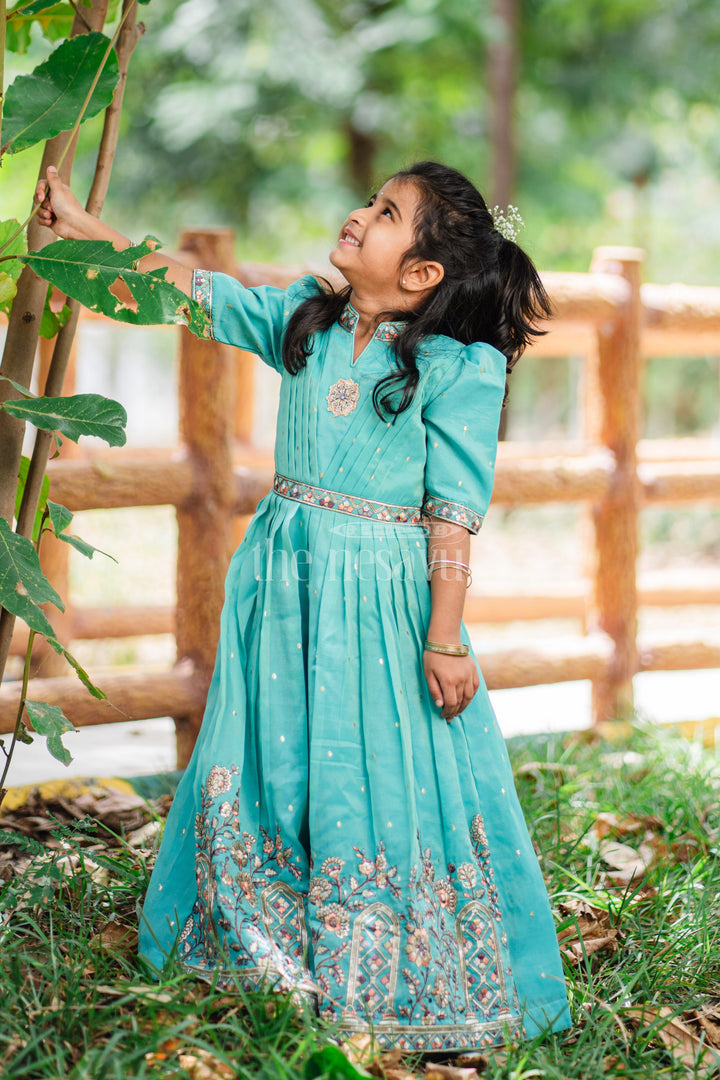 Girls Teal Party Gown with Intricate Embroidery and Floral Borders for Special Occasions