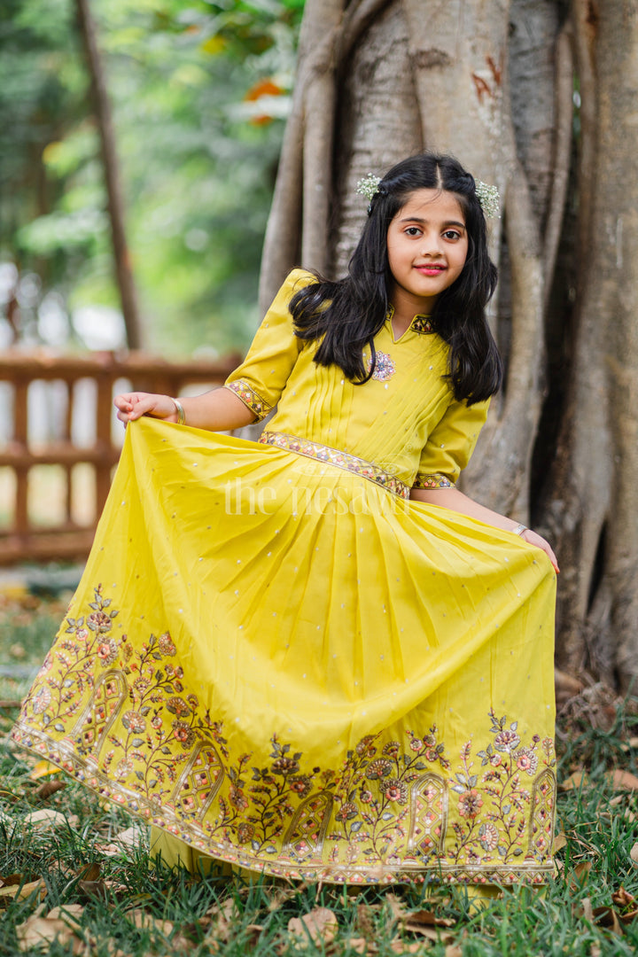 Girls Party Gown in Mustard Tissue Silk with Puff Sleeves and Floral Embroidery