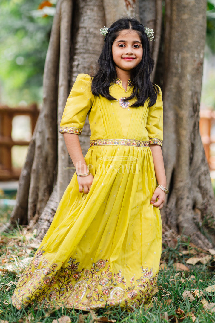 Girls Party Gown in Mustard Tissue Silk with Puff Sleeves and Floral Embroidery