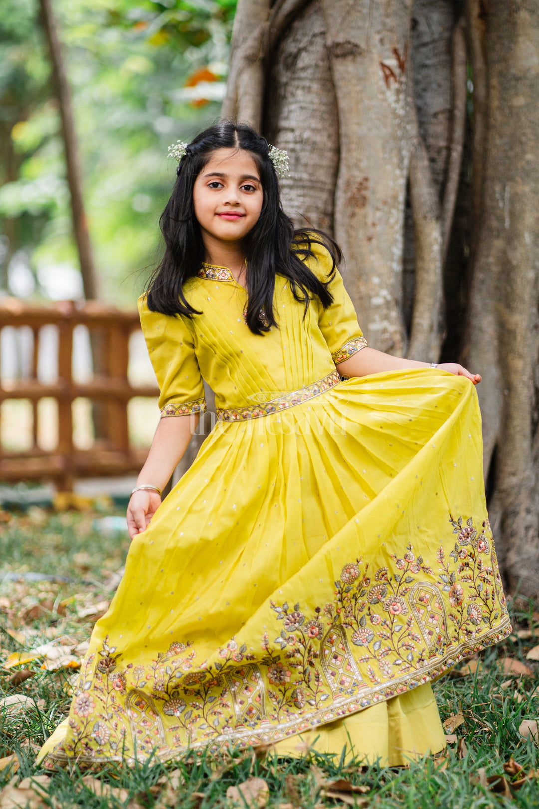 Girls Party Gown in Mustard Tissue Silk with Puff Sleeves and Floral Embroidery