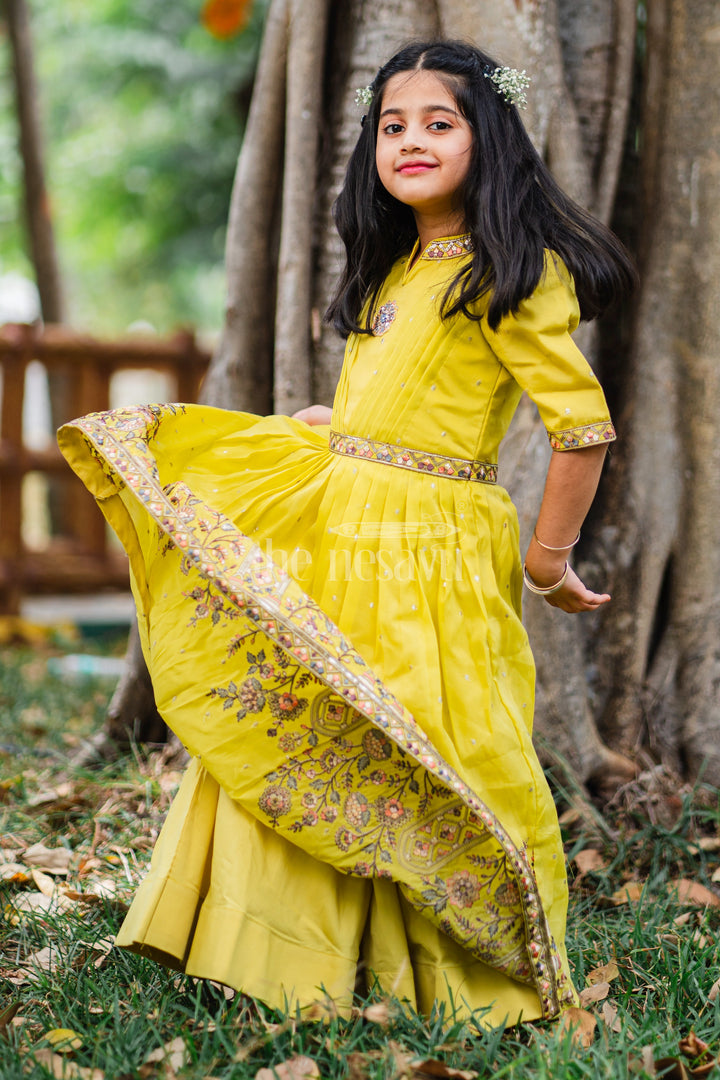 Girls Party Gown in Mustard Tissue Silk with Puff Sleeves and Floral Embroidery