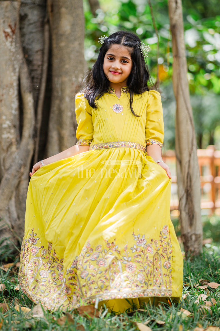 Girls Party Gown in Mustard Tissue Silk with Puff Sleeves and Floral Embroidery