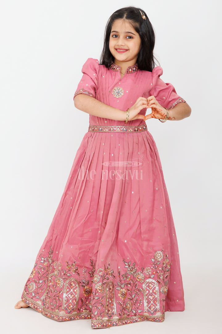 Dusty Rose Girls Silk Gown with Floral Embroidery and 3/4 Sleeves for Party Wear