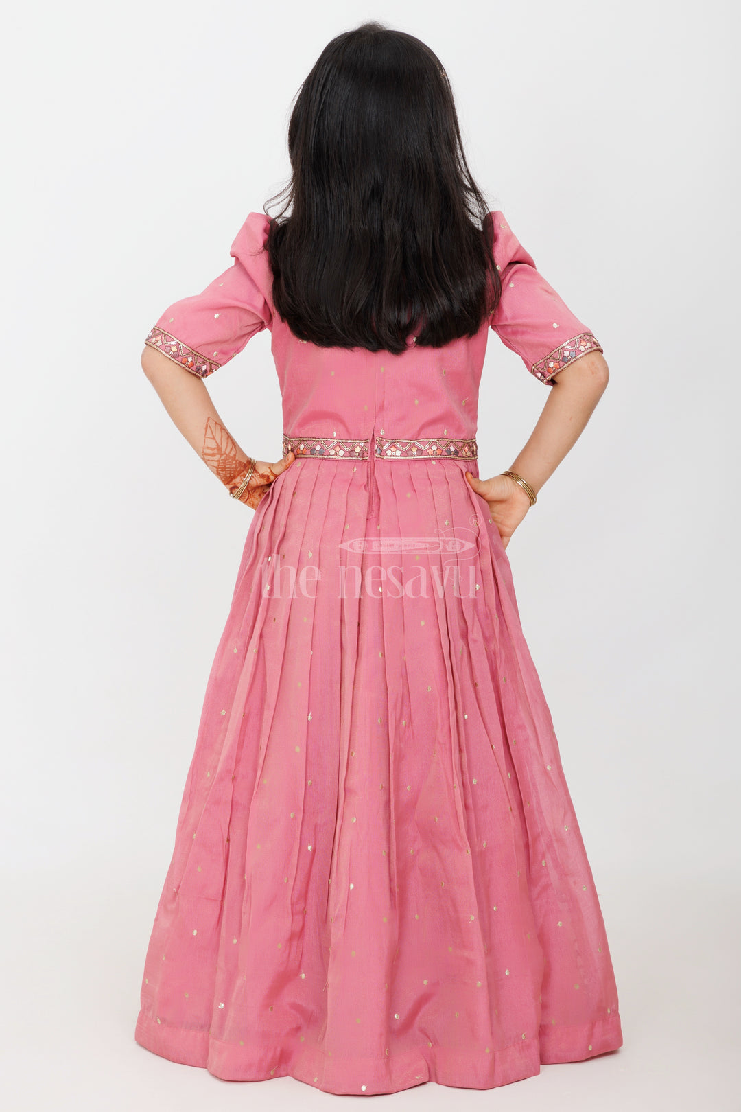 Dusty Rose Girls Silk Gown with Floral Embroidery and 3/4 Sleeves for Party Wear