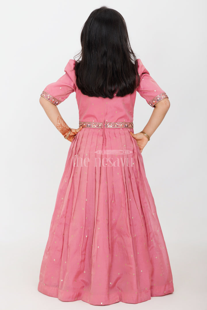 Dusty Rose Girls Silk Gown with Floral Embroidery and 3/4 Sleeves for Party Wear